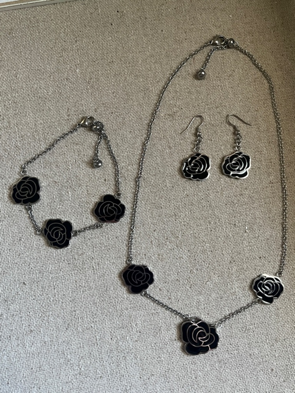 Vintage Swatch Brand Black Rose Pendant Necklace, Bracelet & Earring Set -